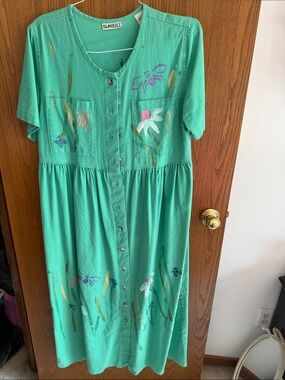 Sunbelt Teal Hand-Painted Button-Front Midi Dress